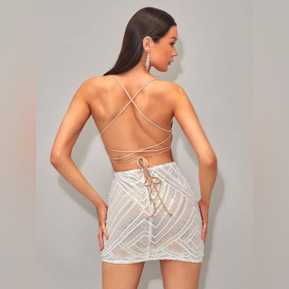 Sequin Tie Up Dress with Geometric Pattern - Picture 3 of 14